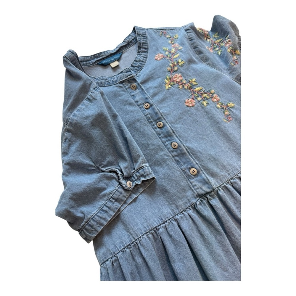 April Cornell Floral Embroidered Denim Midi Dress Cottagecore Light Wash Size L - Picture 7 of 14